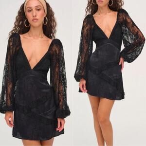 FOR LOVE & LEMONS Gisela Long Sleeve Lace Patchwork Black Mini Dress Size XS